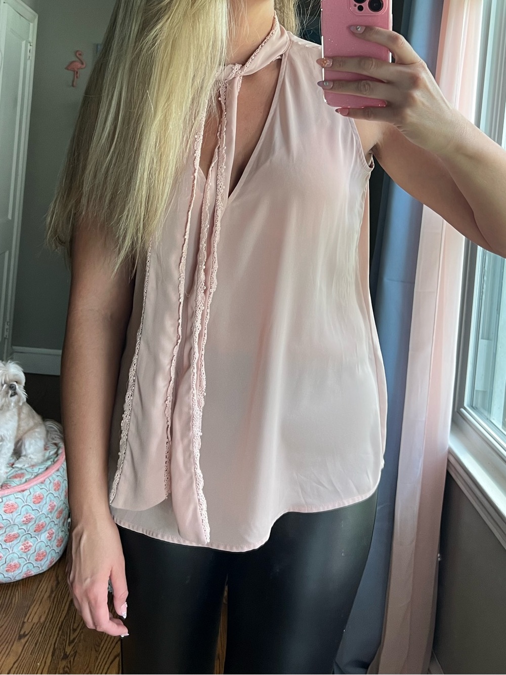 Karl Lagerfield Paris Pink Sleevless Blouse Tie Around with flaw